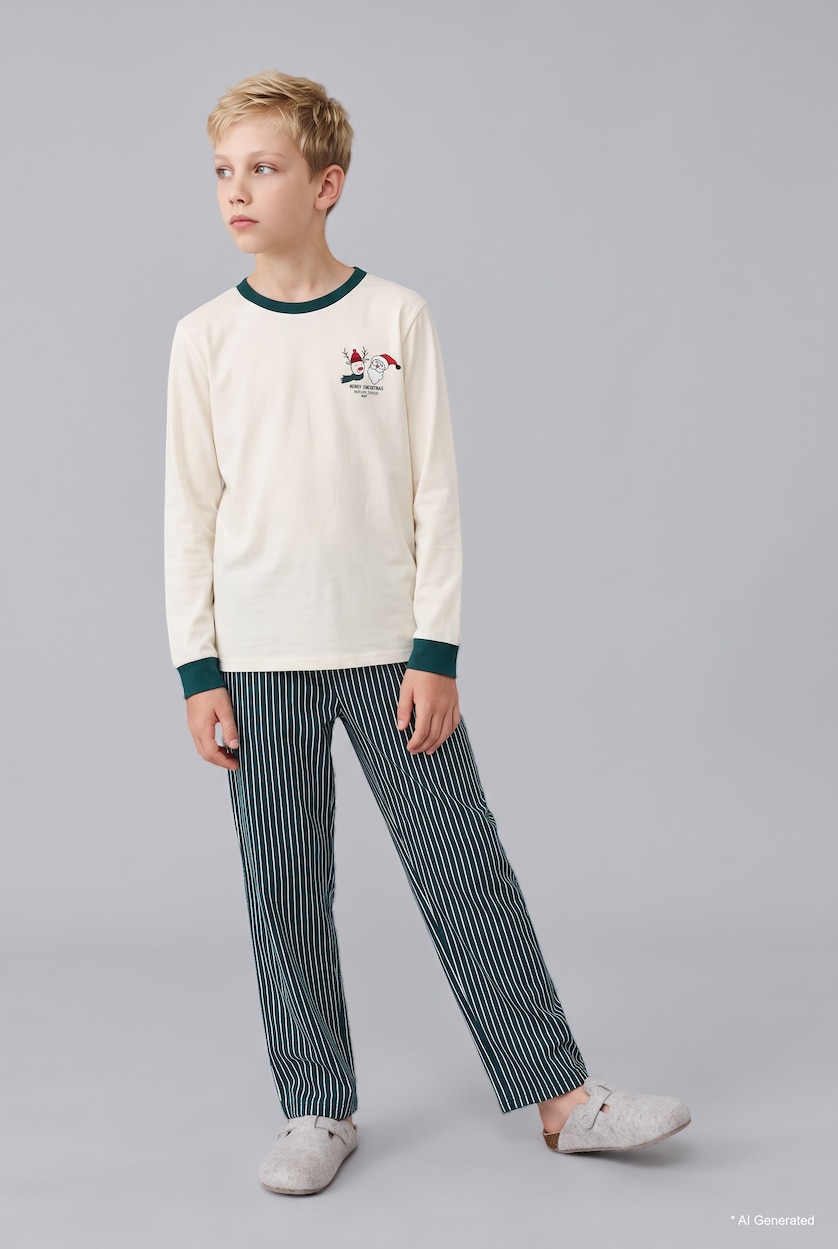 BOYS & TEENS Ecru Boy Printed Crew Neck Long Sleeve Top and Striped Trousers Pyjama Set