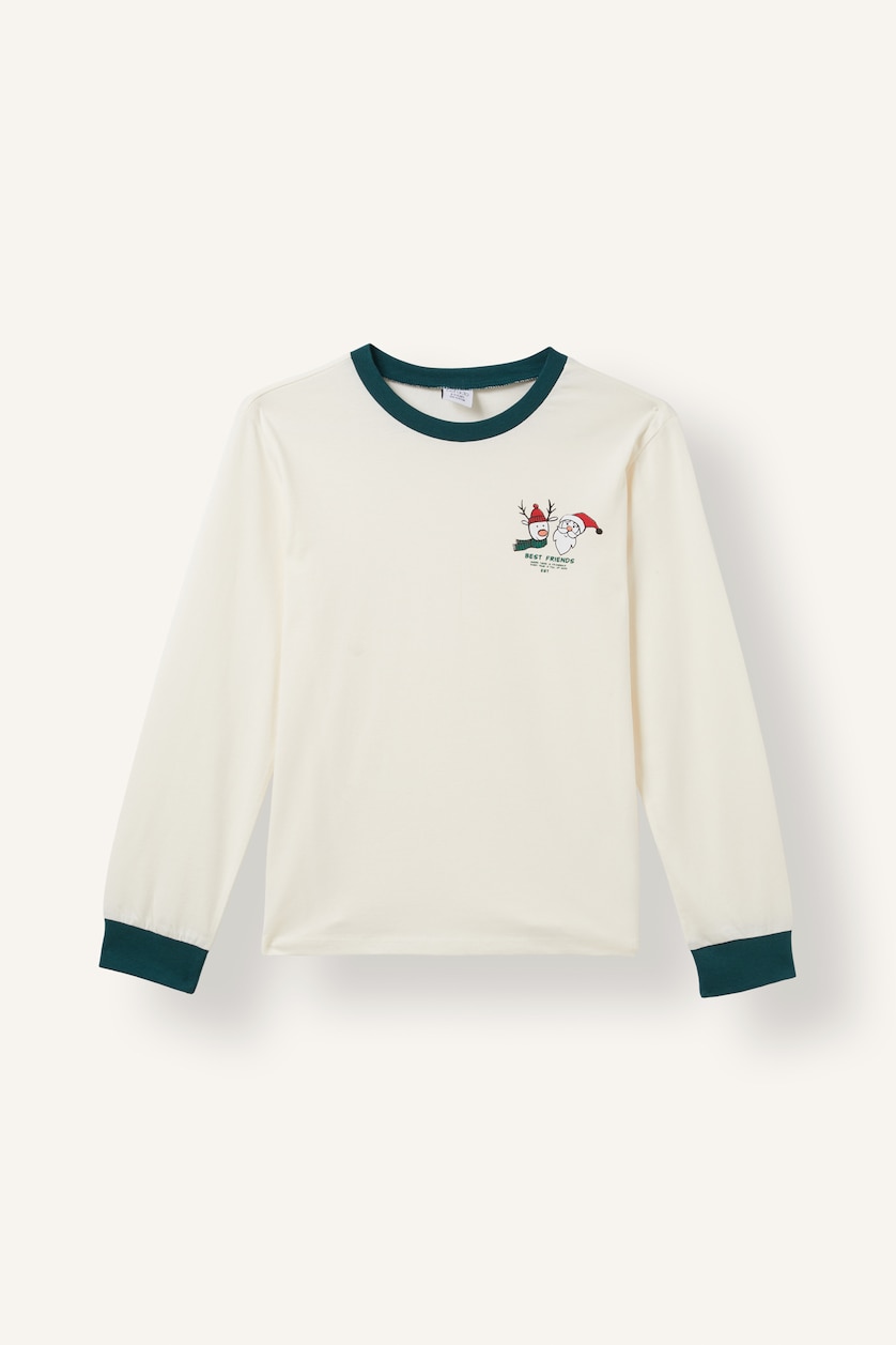 Erkek Çocuk - Genç Erkek Ekru 2'li Pijama Takımı Baskılı Çizgili Erkek Çocuk