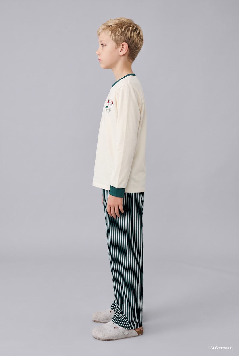 BOYS & TEENS Ecru Boy Printed Crew Neck Long Sleeve Top and Striped Trousers Pyjama Set