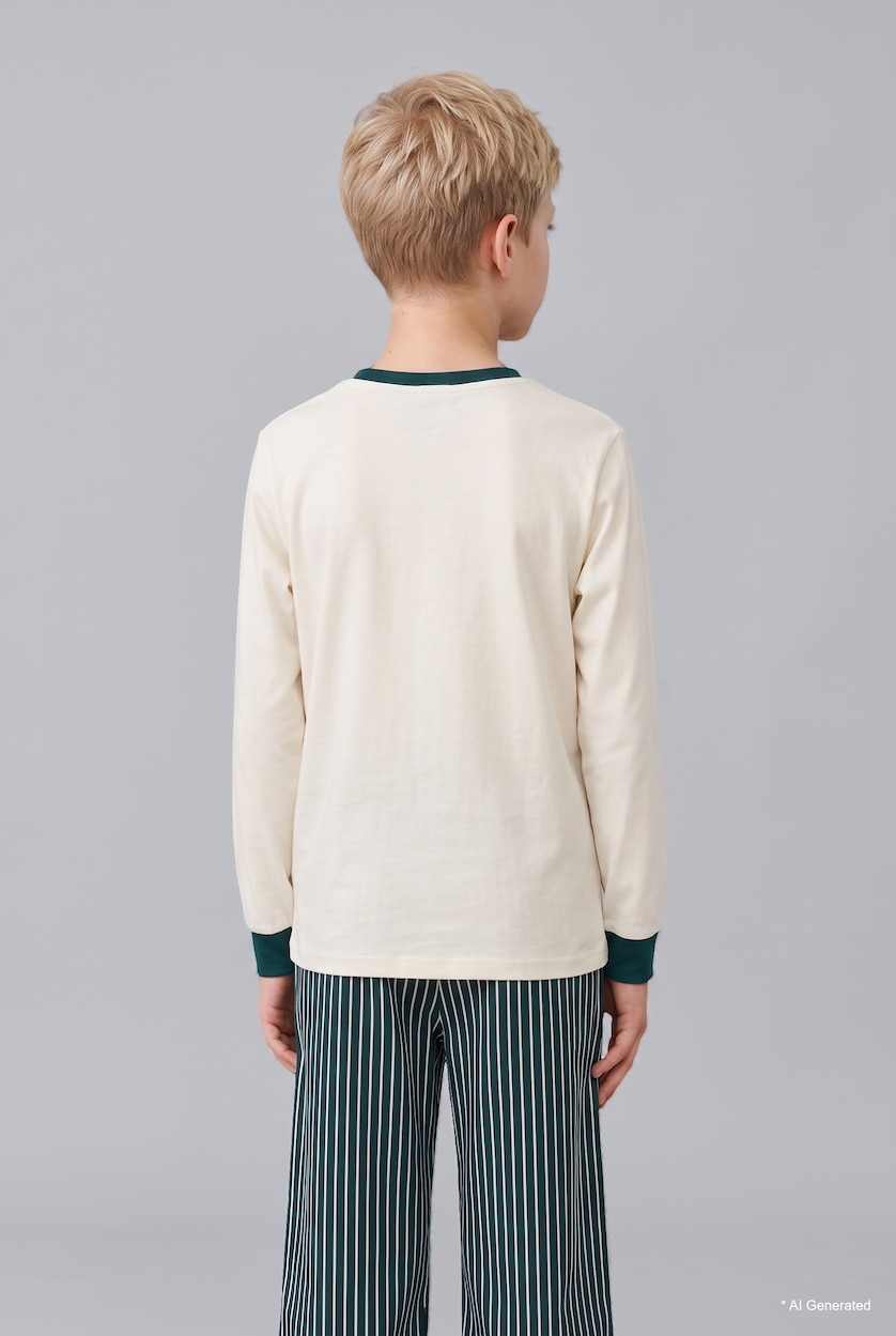 BOYS & TEENS Ecru Boy Printed Crew Neck Long Sleeve Top and Striped Trousers Pyjama Set