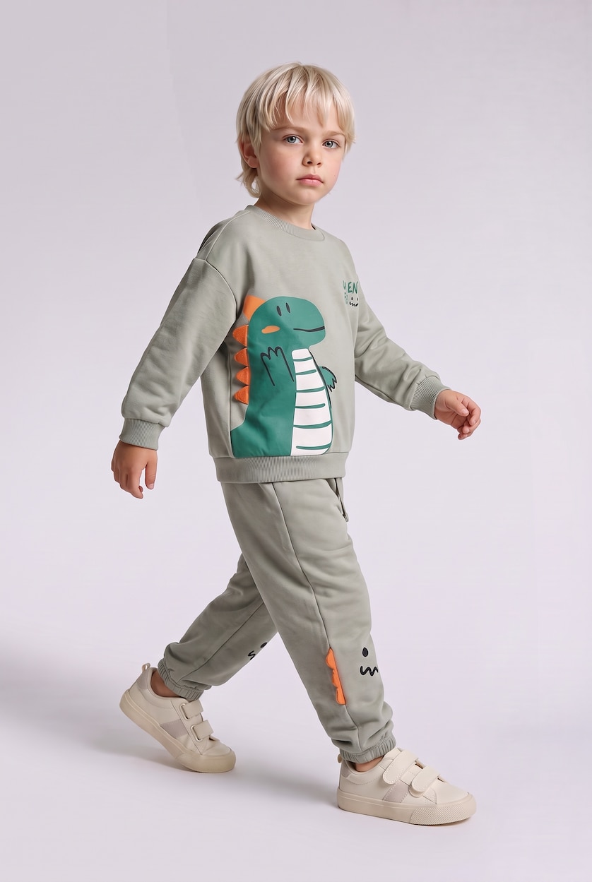 Baby Boys Light Khaki 2 piece Regular Fit Crew Neck Animal Set