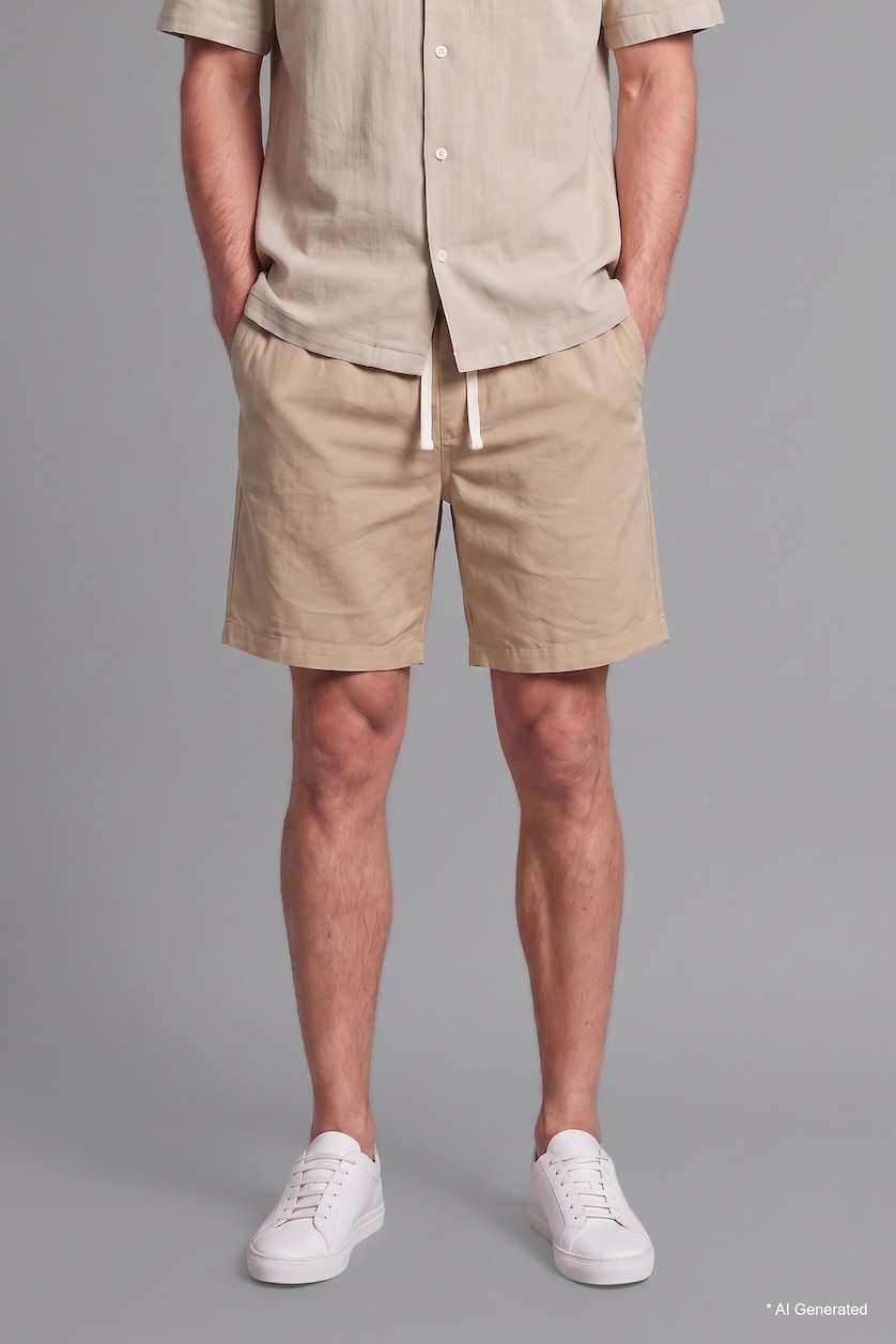 Men Beige Relax Fit Elastic Waist Shorts