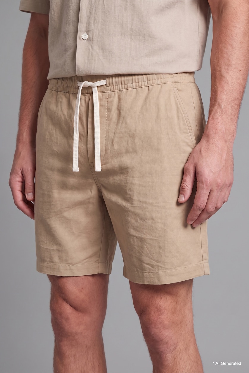 Men Beige Relax Fit Elastic Waist Shorts
