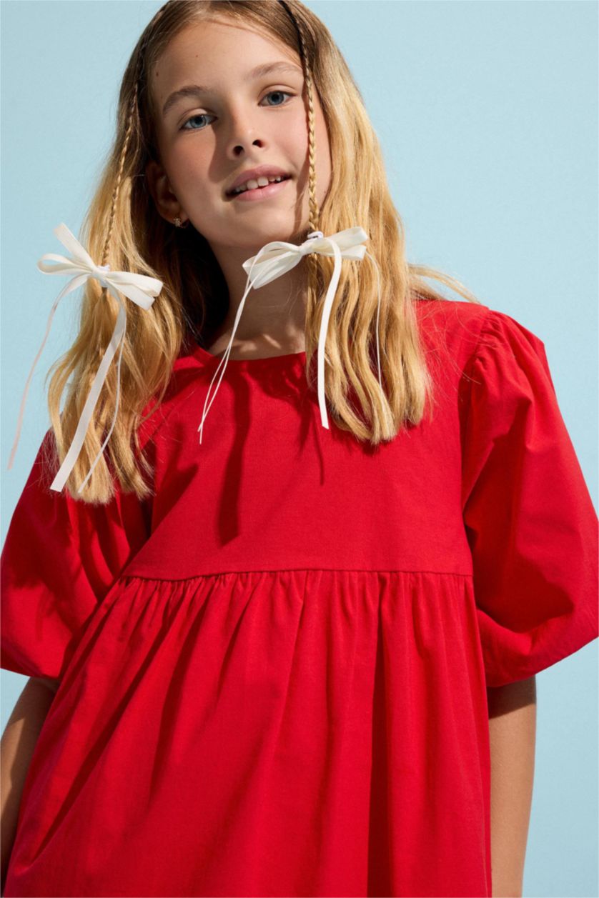 GIRLS & TEENS Red فستان بناتي احمر بوبلين نص كم