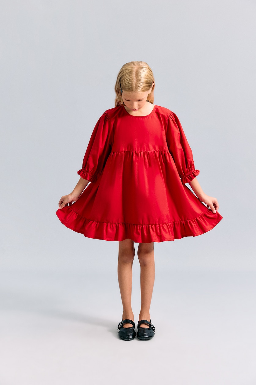 GIRLS & TEENS Red Girl Short Sleeve Poplin Red Dress