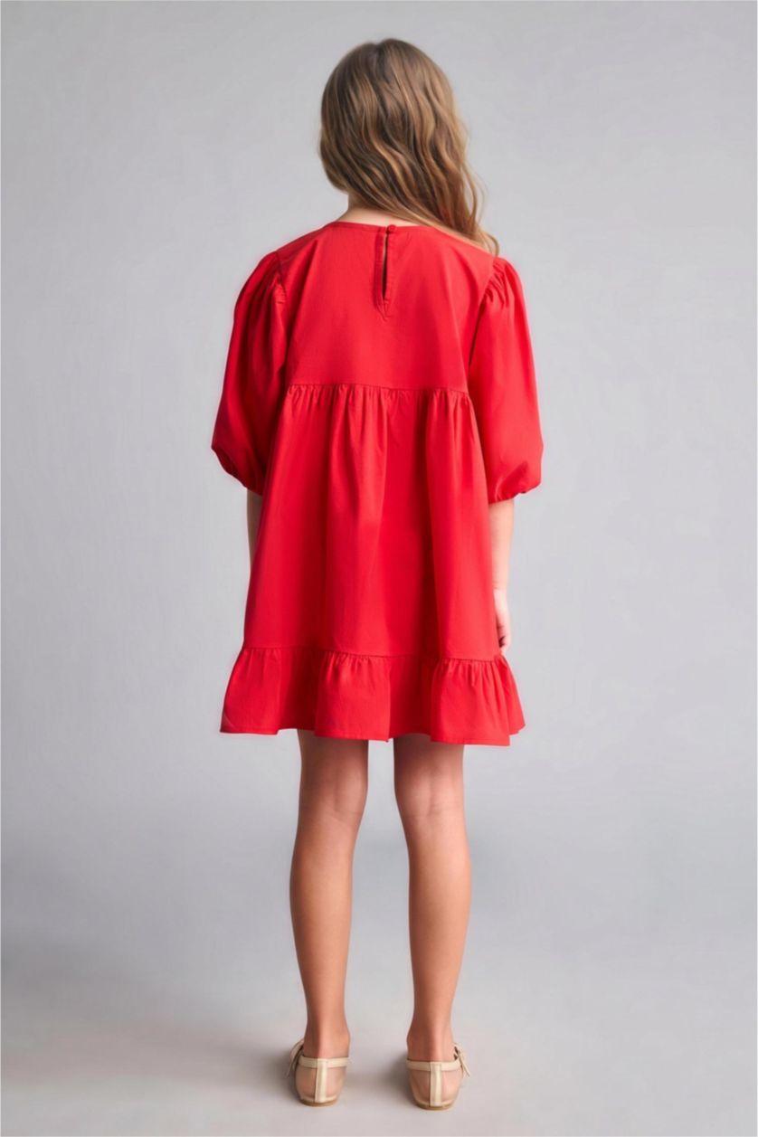 GIRLS & TEENS Red فستان بناتي احمر بوبلين نص كم