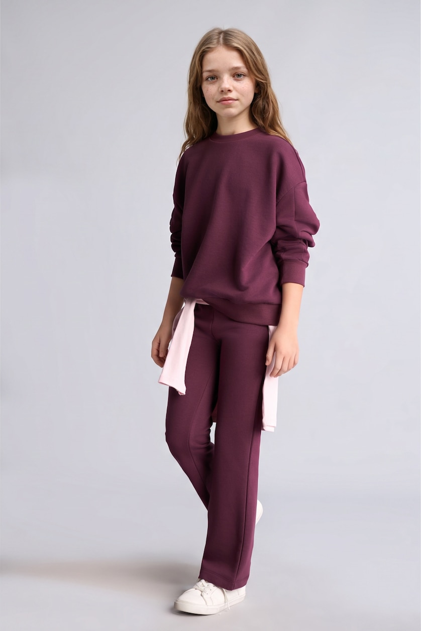 Kız Çocuk - Genç Kız Koyu Mor Sweatshirt ve Pantolon Kız Çocuk 2'li Takım