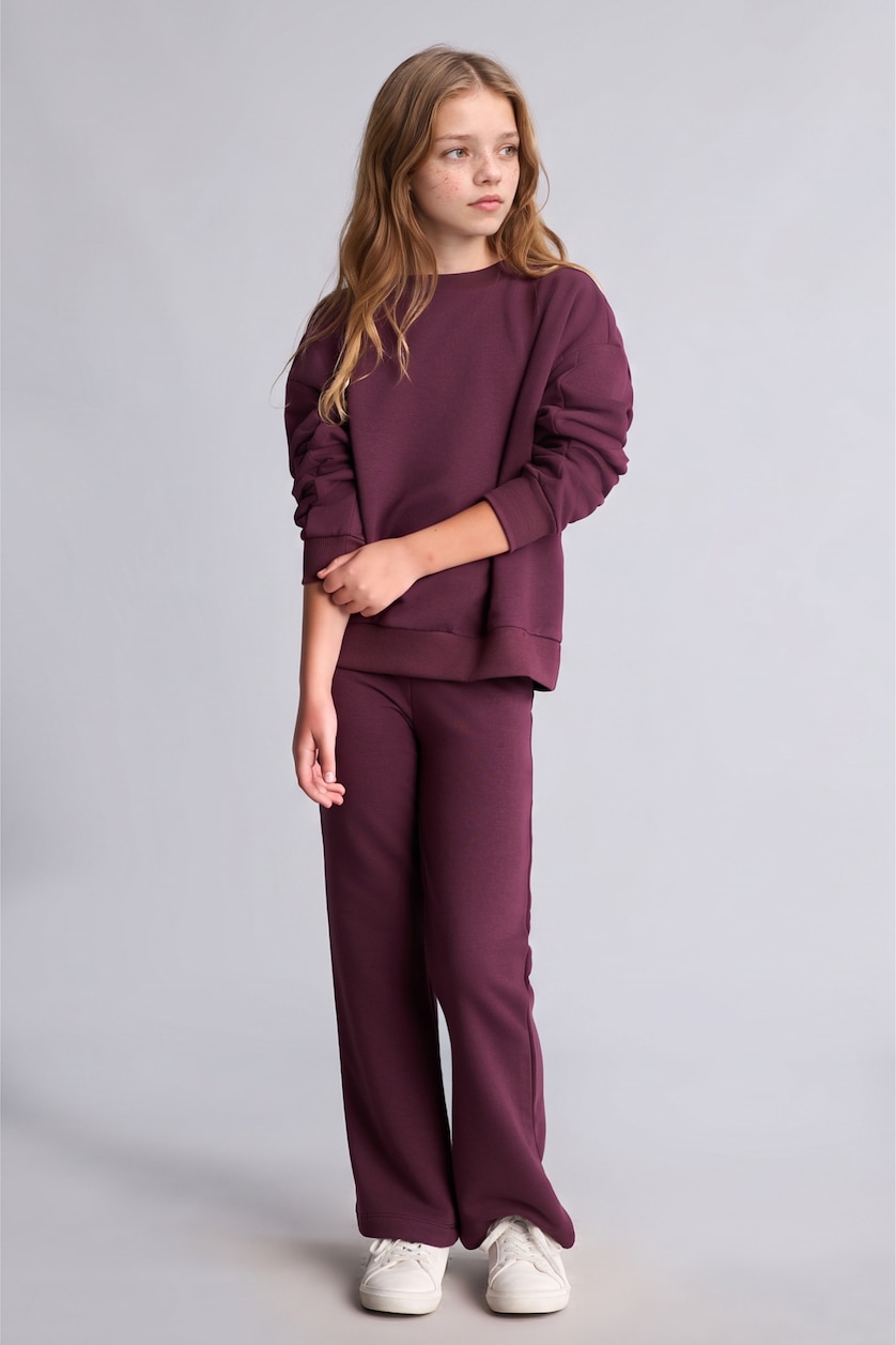 Kız Çocuk - Genç Kız Koyu Mor Sweatshirt ve Pantolon Kız Çocuk 2'li Takım