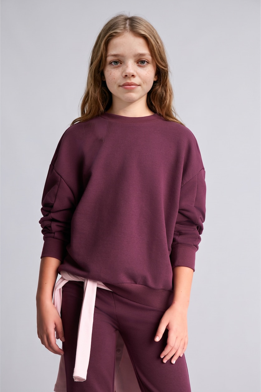 Kız Çocuk - Genç Kız Koyu Mor Sweatshirt ve Pantolon Kız Çocuk 2'li Takım