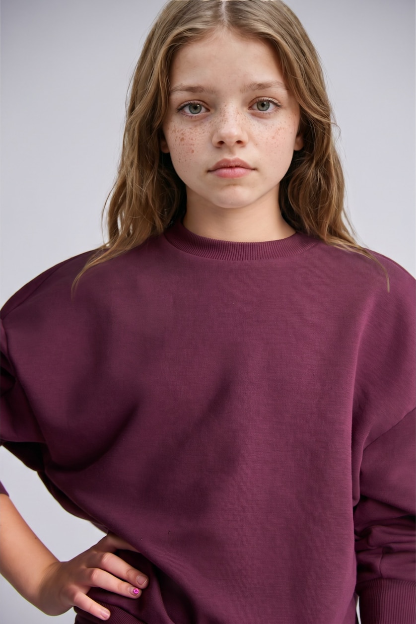 Kız Çocuk - Genç Kız Koyu Mor Sweatshirt ve Pantolon Kız Çocuk 2'li Takım
