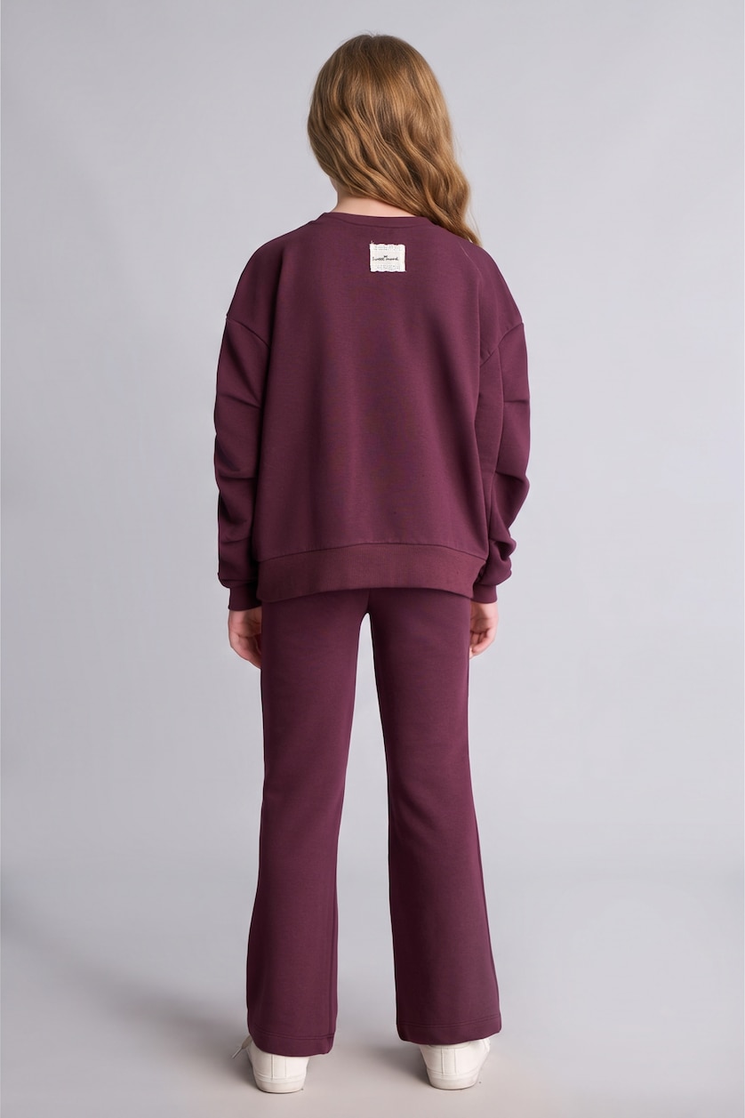 Kız Çocuk - Genç Kız Koyu Mor Sweatshirt ve Pantolon Kız Çocuk 2'li Takım