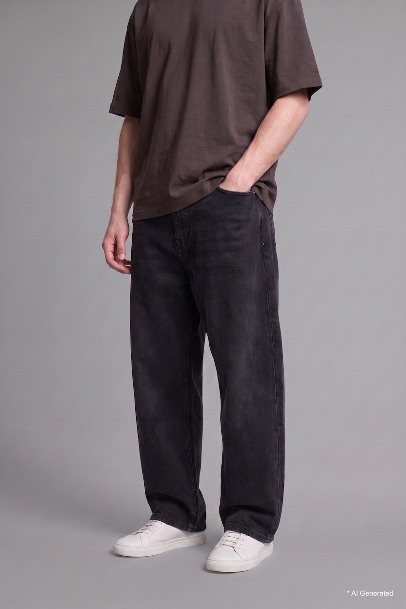 Men Black Super Baggy Fit 100% Cotton Black Trousers