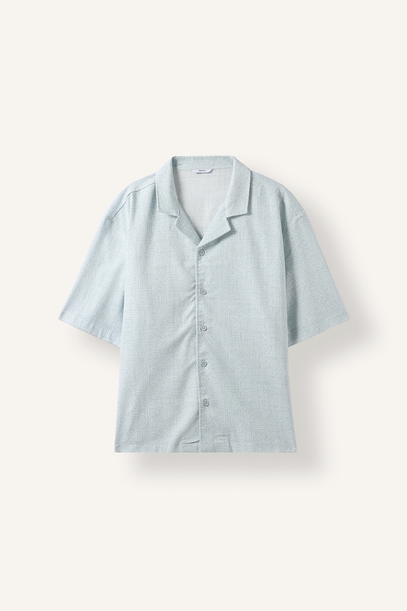 Man Light Blue 100% Cotton Boxy Fit Printed Shirt