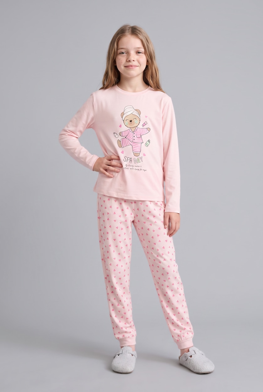 Kız Çocuk - Genç Kız Açık Pembe %100 Pamuk 2'li Pijama Takım Baskılı Kız Çocuk