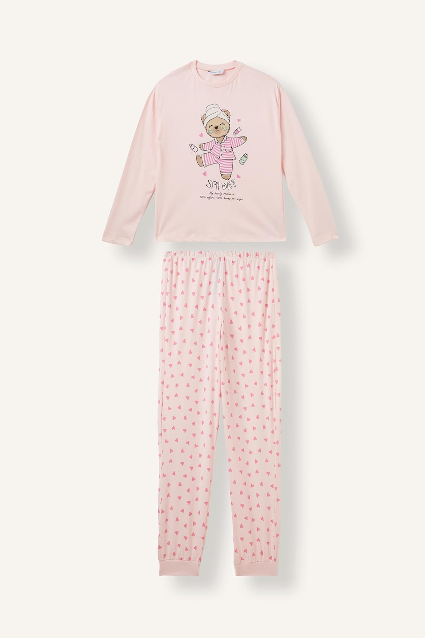 Kız Çocuk - Genç Kız Açık Pembe %100 Pamuk 2'li Pijama Takım Baskılı Kız Çocuk