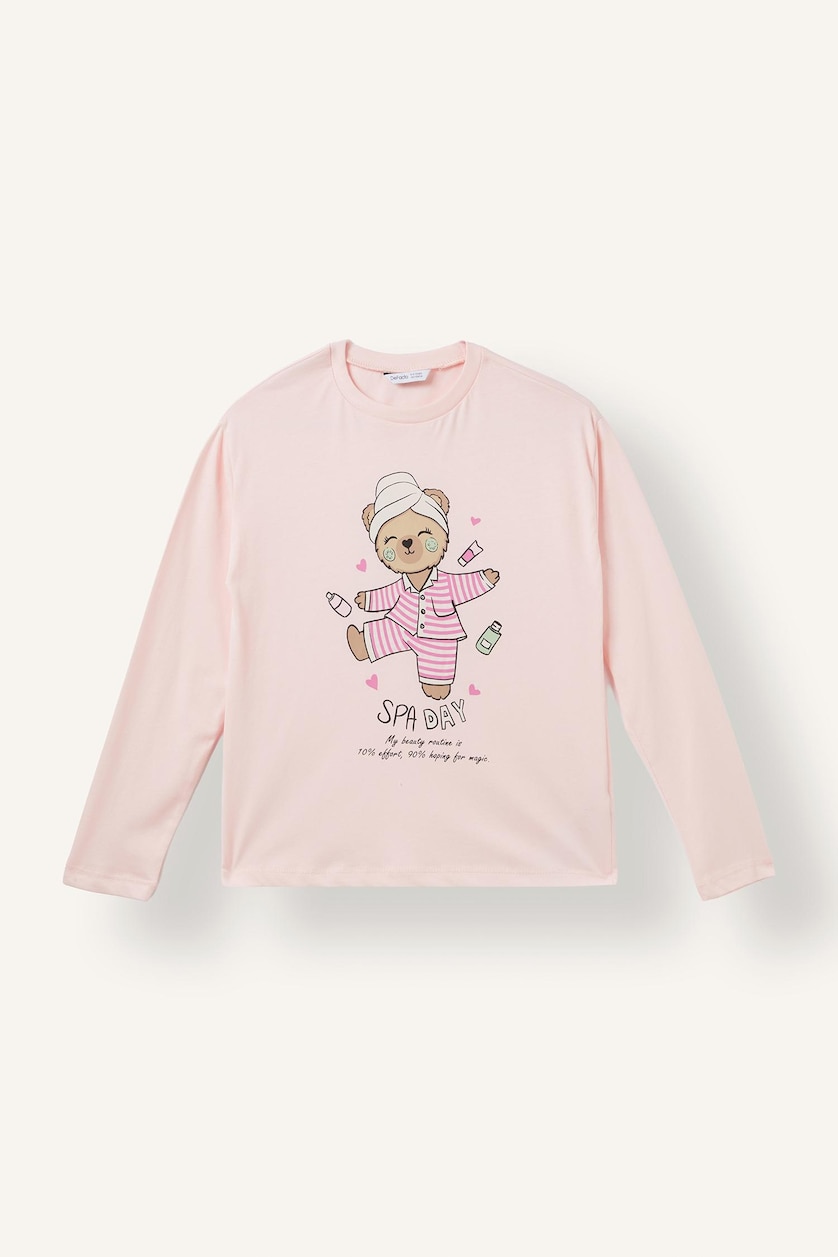 Kız Çocuk - Genç Kız Açık Pembe %100 Pamuk 2'li Pijama Takım Baskılı Kız Çocuk