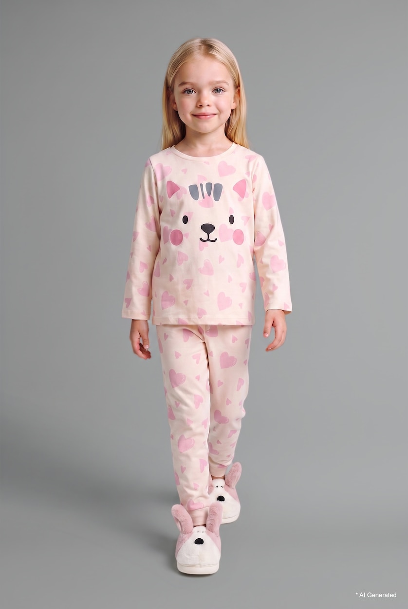 Baby Girl Ecru Baby Girl 100% Cotton Printed Long Sleeve Top and Pants 2-Piece Pyjama Set