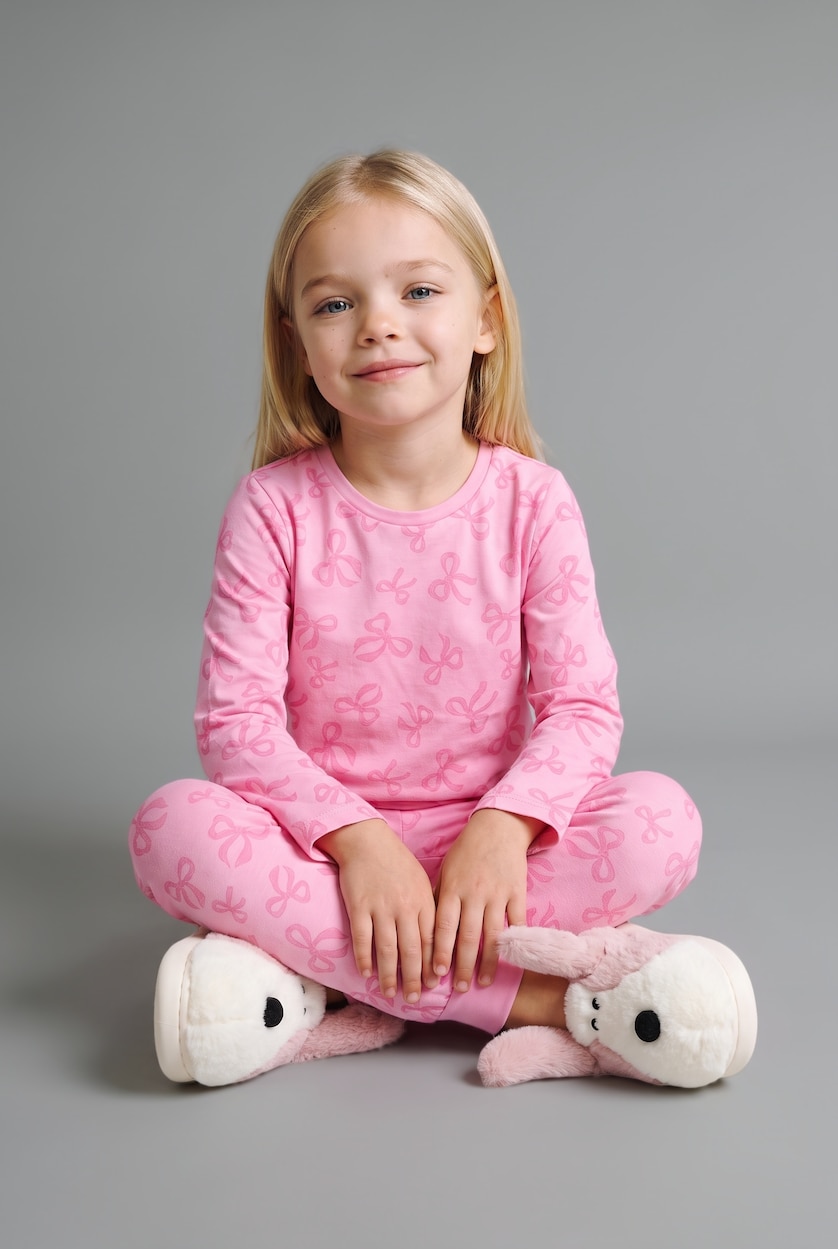 Kız Bebek Ekru 2'li Pijama Takımı Fiyonk Desenli Kız Bebek