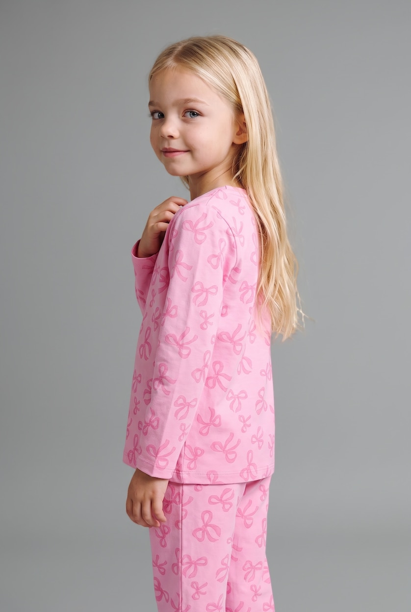 Kız Bebek Ekru 2'li Pijama Takımı Fiyonk Desenli Kız Bebek