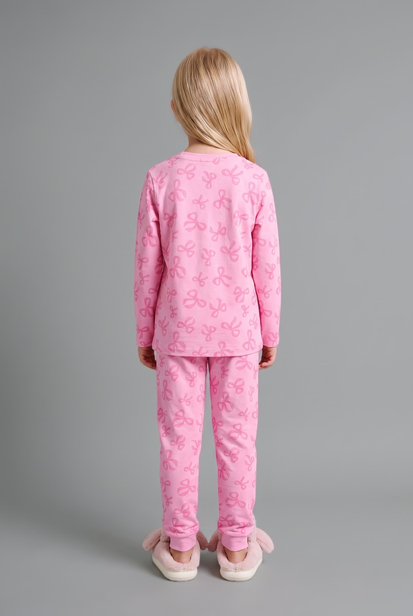 Kız Bebek Ekru 2'li Pijama Takımı Fiyonk Desenli Kız Bebek