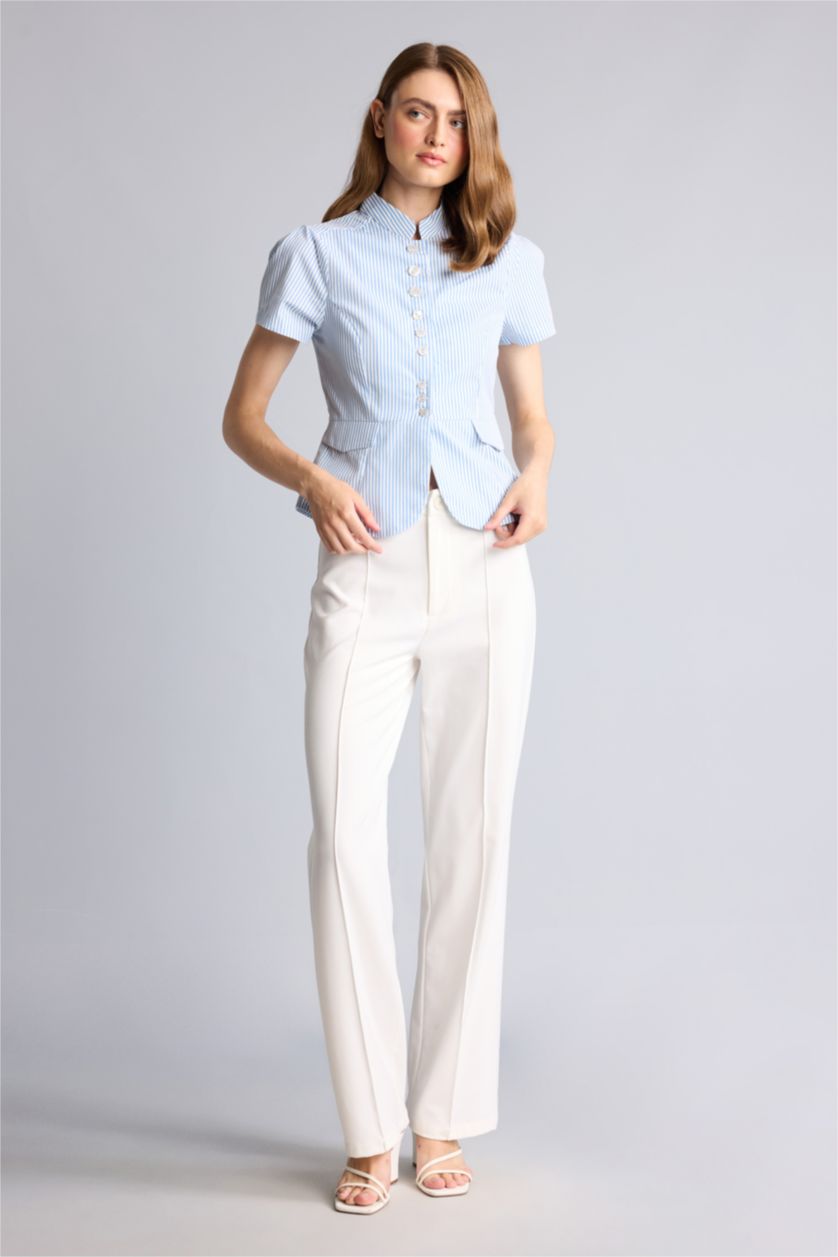 Women Blue Slim Fit Poplin Short Sleeve Shirt