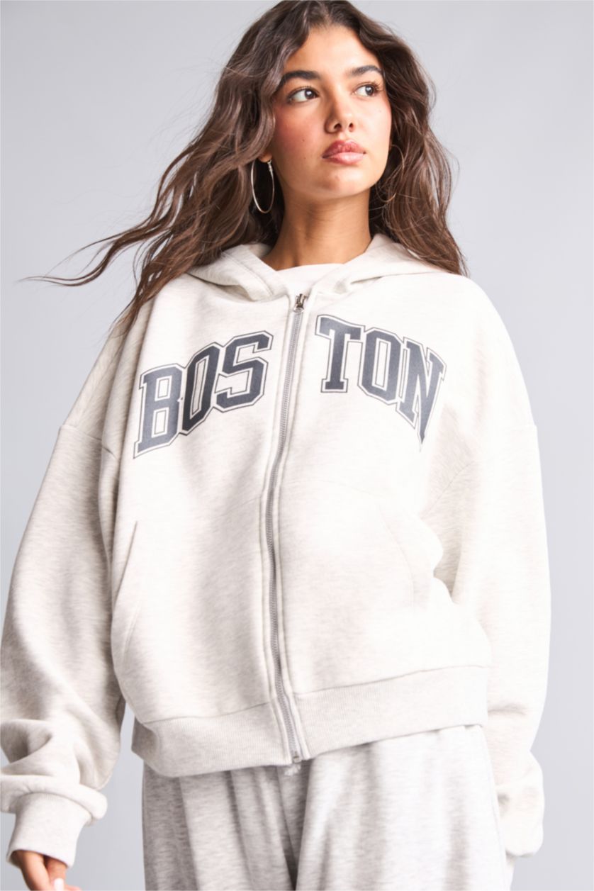 Kadın Açık Gri Melange Oversize Baskılı Fermuarlı Sweatshirt Hırka