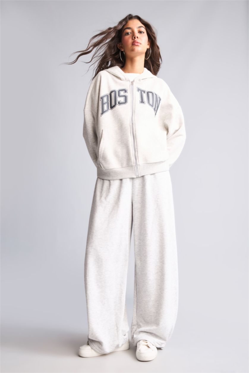 Kadın Açık Gri Melange Oversize Baskılı Fermuarlı Sweatshirt Hırka