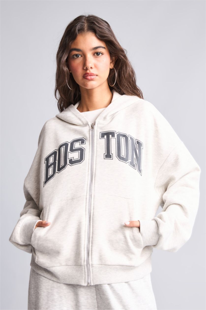 Kadın Açık Gri Melange Oversize Baskılı Fermuarlı Sweatshirt Hırka