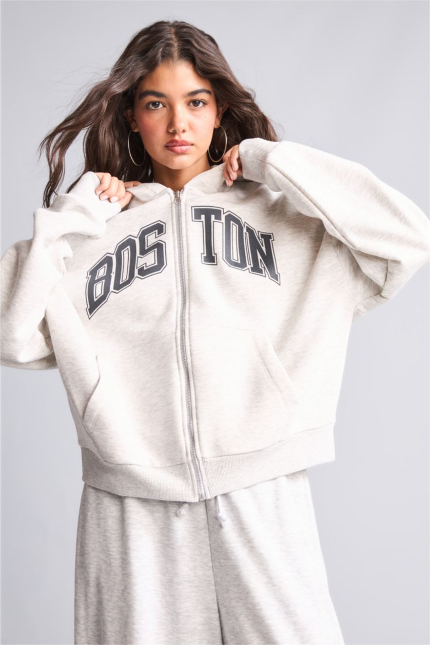 Kadın Açık Gri Melange Oversize Baskılı Fermuarlı Sweatshirt Hırka