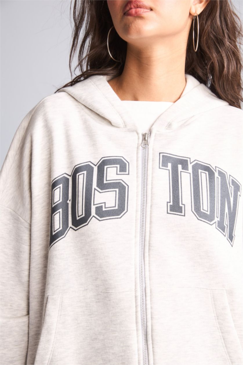 Kadın Açık Gri Melange Oversize Baskılı Fermuarlı Sweatshirt Hırka