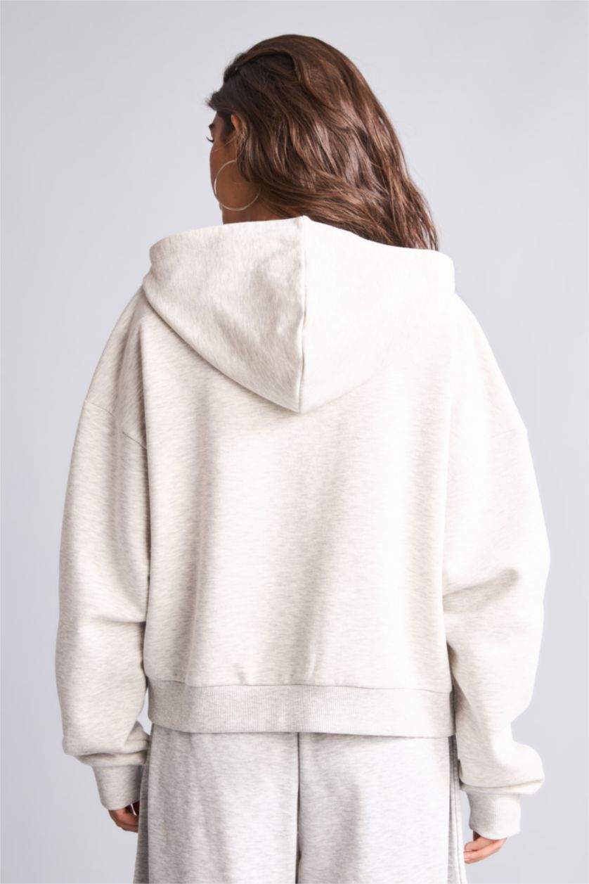 Kadın Açık Gri Melange Oversize Baskılı Fermuarlı Sweatshirt Hırka