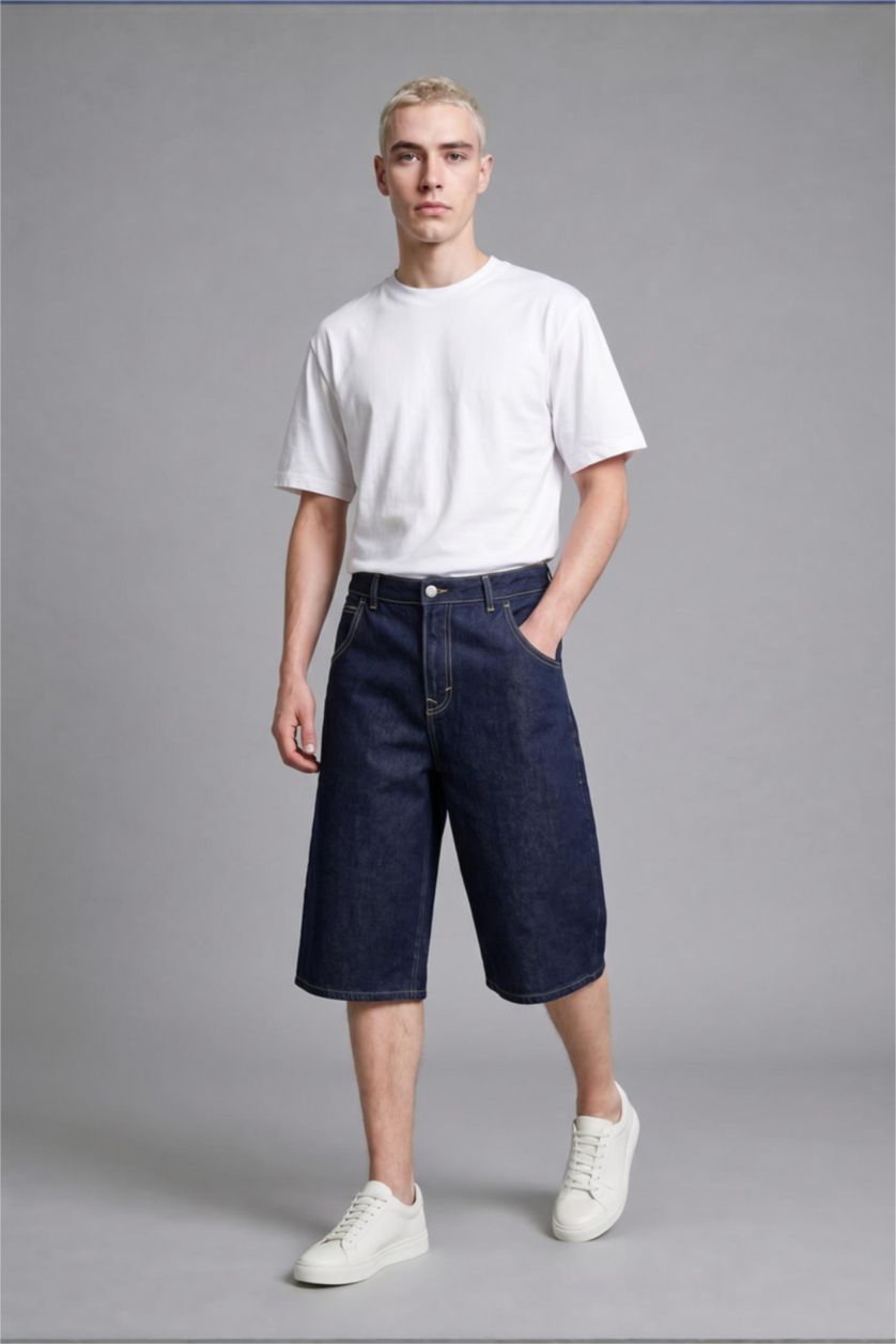 Erkek Koyu Mavi Süper Baggy Fit Bermuda Jean Şort