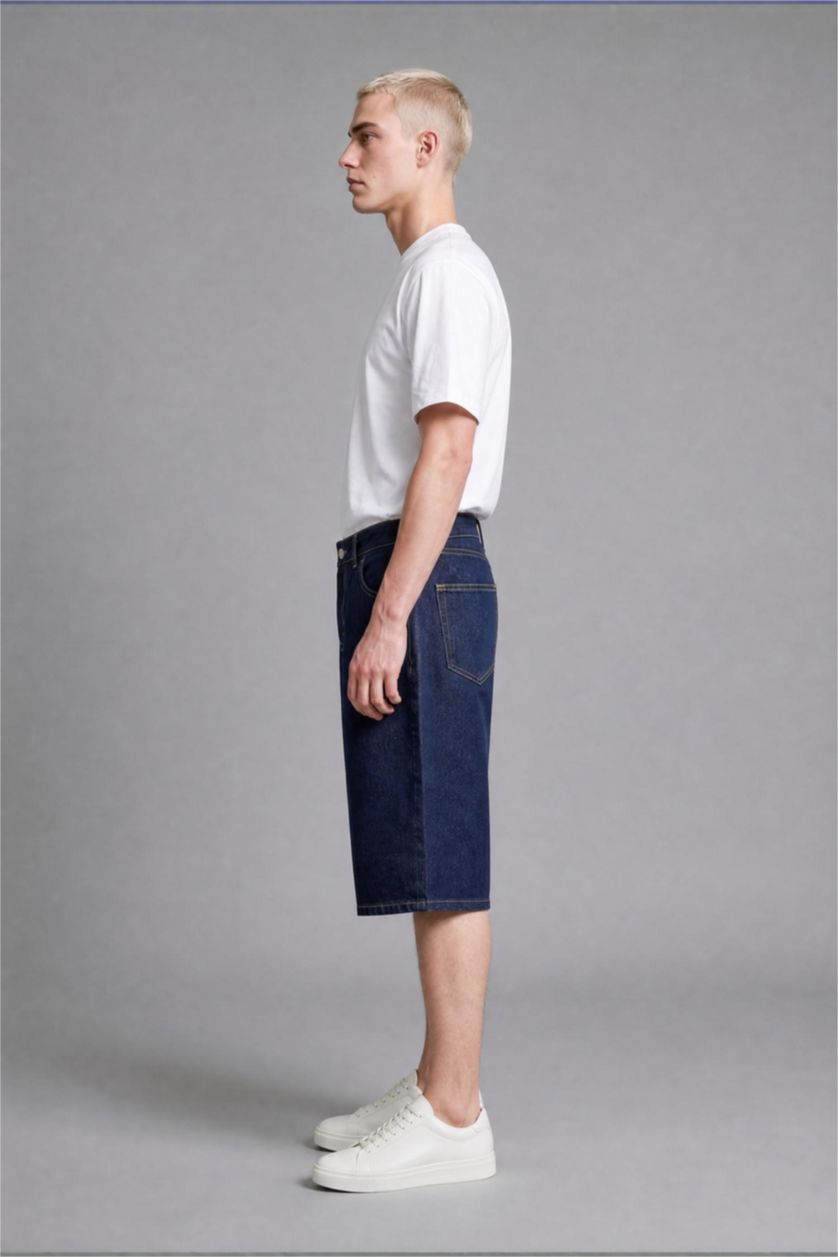 Erkek Koyu Mavi Süper Baggy Fit Bermuda Jean Şort