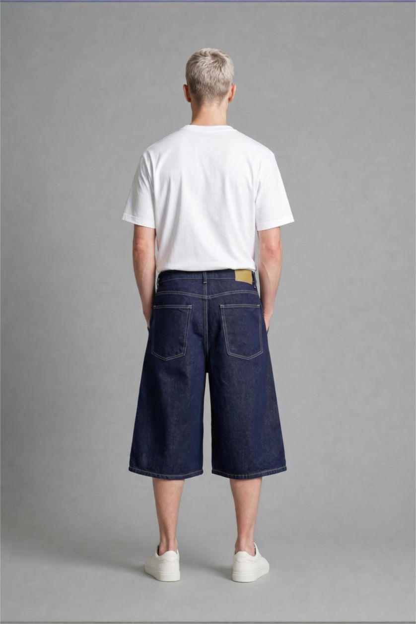 Erkek Koyu Mavi Süper Baggy Fit Bermuda Jean Şort
