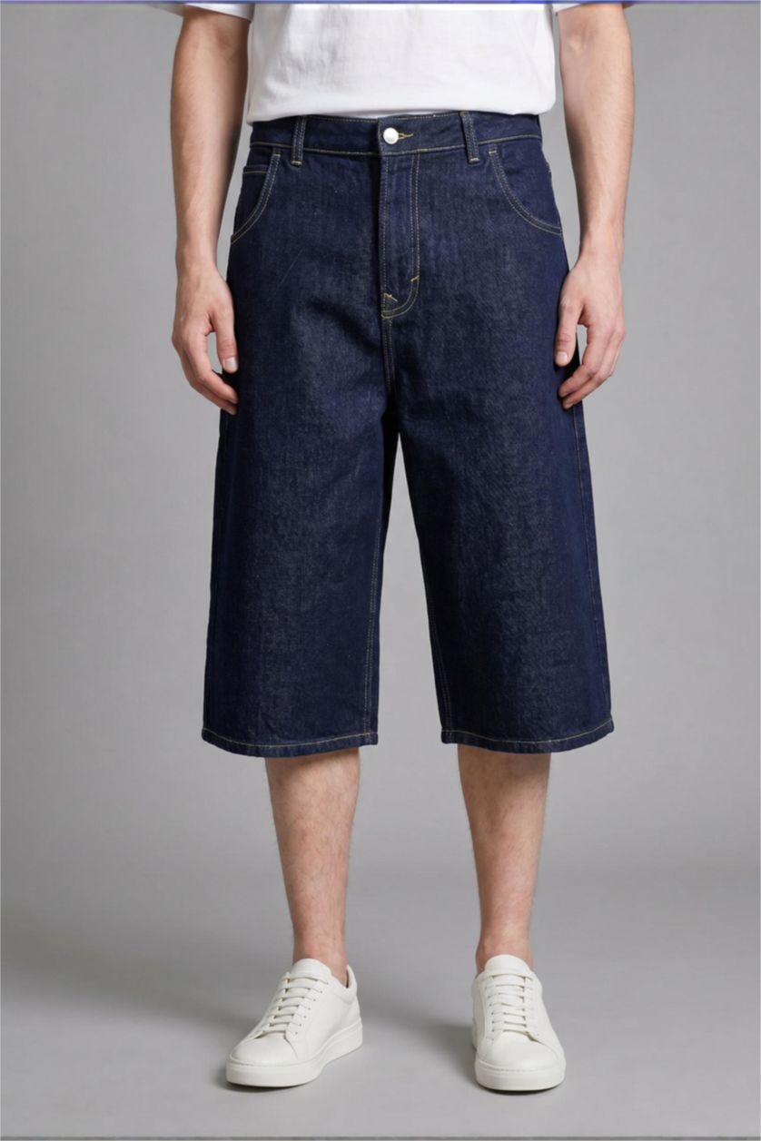 Erkek Koyu Mavi Süper Baggy Fit Bermuda Jean Şort