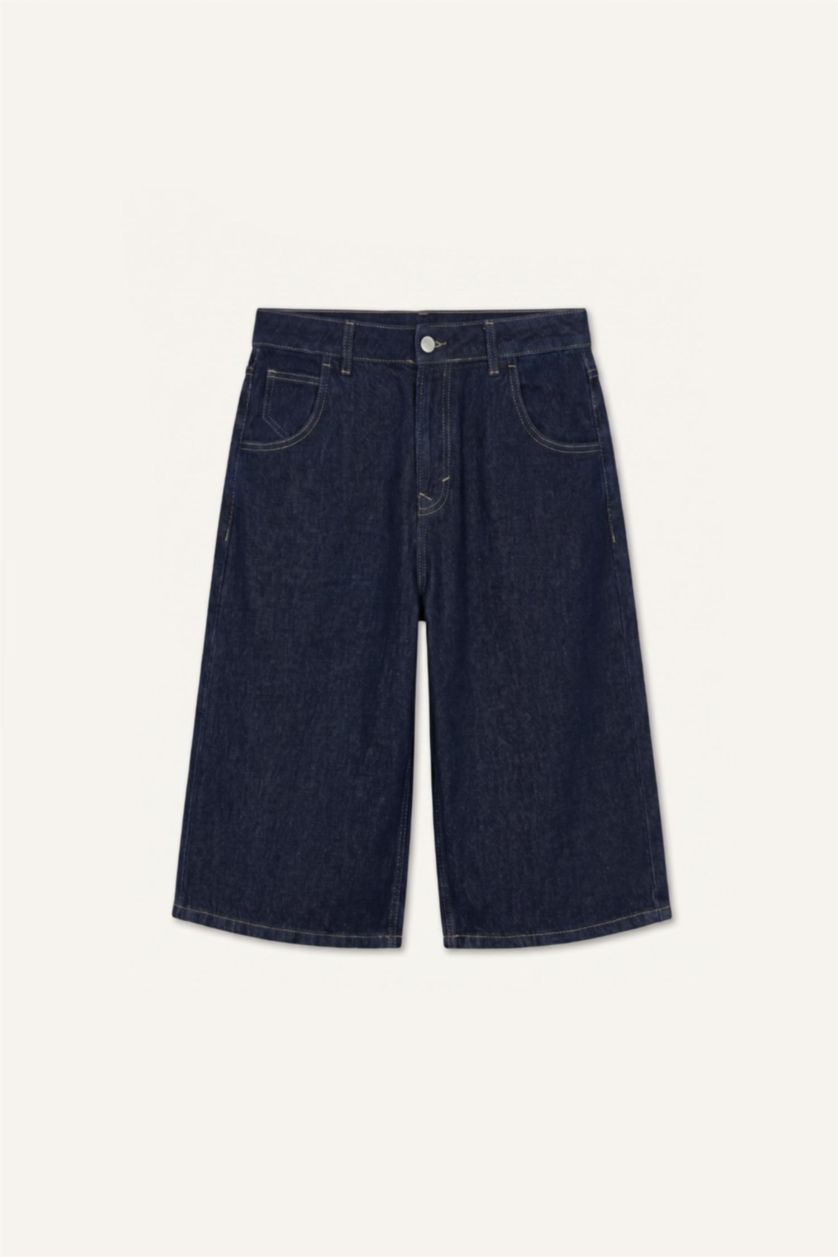 Erkek Koyu Mavi Süper Baggy Fit Bermuda Jean Şort