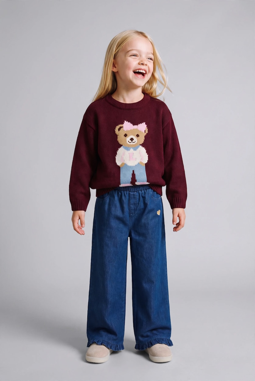 BABY GIRL Blue Baby Girl Heart Embroidery Ruffled Hems Wide Leg Trousers