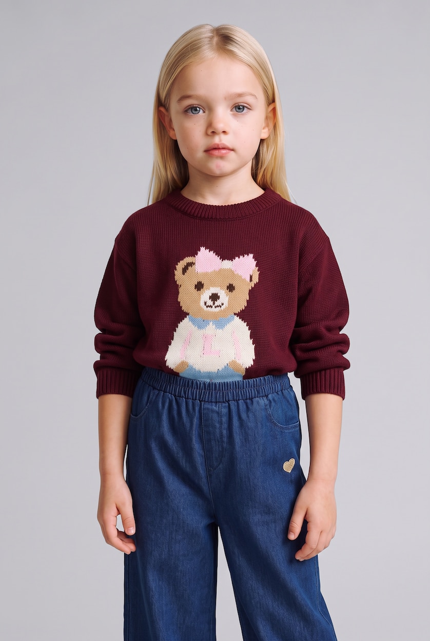 BABY GIRL Blue Baby Girl Heart Embroidery Ruffled Hems Wide Leg Trousers