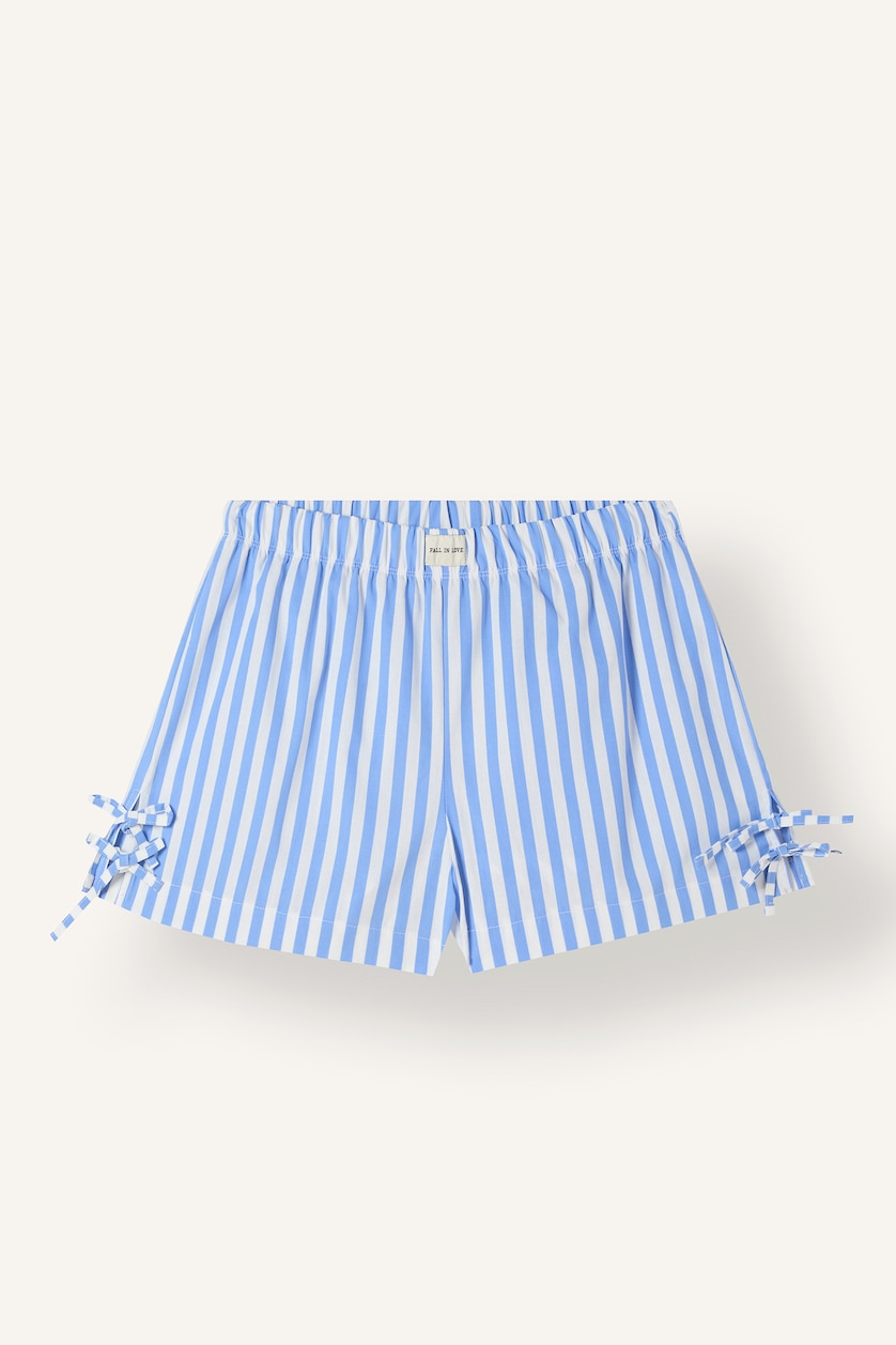 Kadın Mavi Regular Fit Çizgili Poplin Şort Pijama Alt