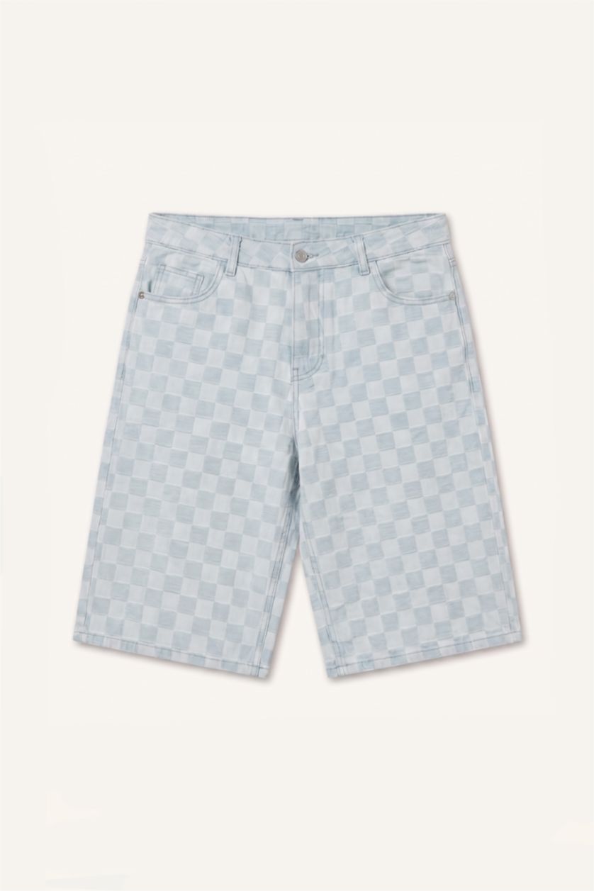 Erkek Açık Mavi Baggy Fit Kareli Bermuda Şort