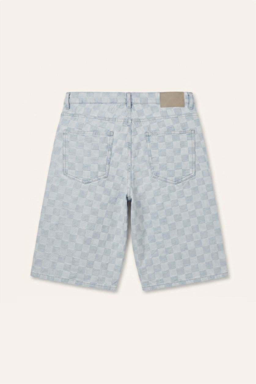 Erkek Açık Mavi Baggy Fit Kareli Bermuda Şort
