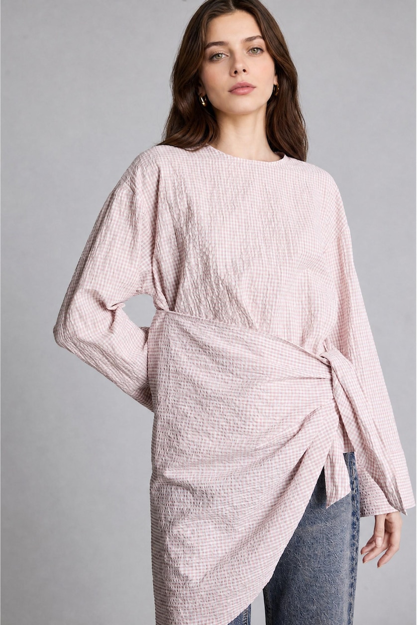 WOMAN Light Pink Woman Relaxed Fit Cotton Crinkle Texture Long Sleeve Tunic