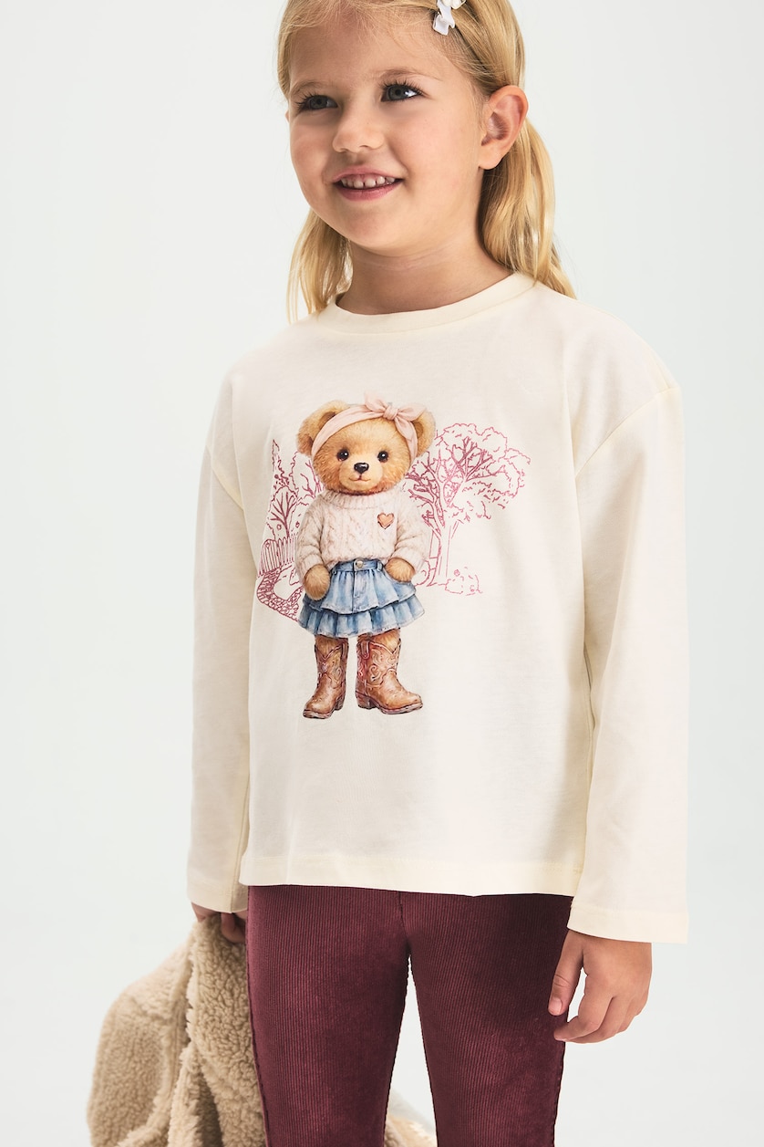 BABY GIRL Ecru Baby Girl 100% Cotton Teddy Bear Print Crew Neck Long Sleeve T-Shirt