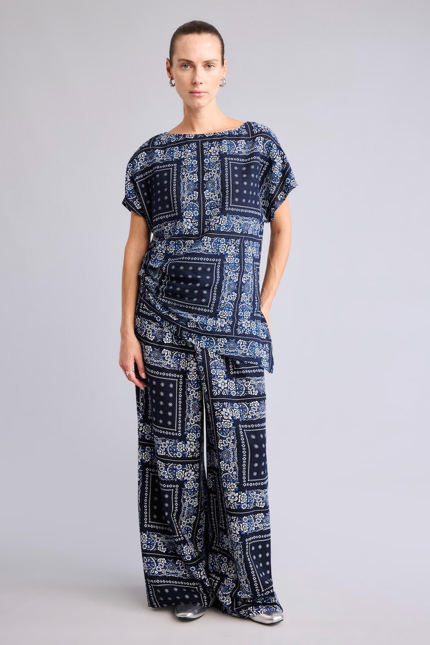 Woman NAVY Cotton Regular Fit Crew Neck Patterned Linen Blend Blouse