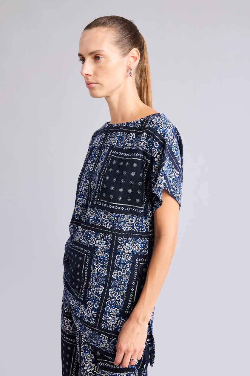 Woman NAVY Cotton Regular Fit Crew Neck Patterned Linen Blend Blouse