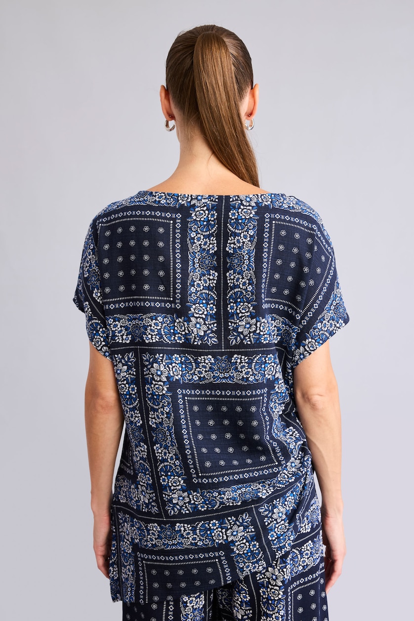 Woman NAVY Cotton Regular Fit Crew Neck Patterned Linen Blend Blouse