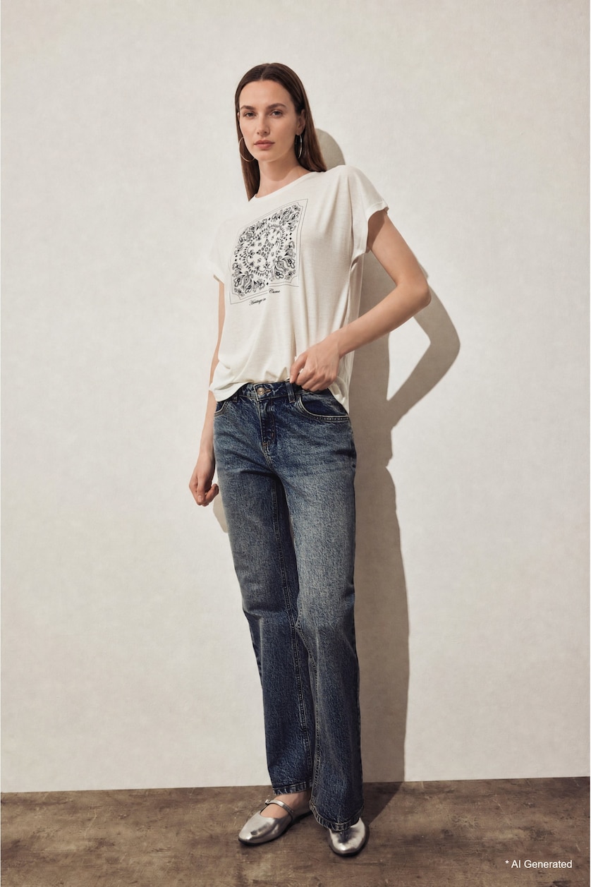 Women Ecru Woman Regular Fit Ecru Printed Crew Neck Short Sleeve T-Shirt