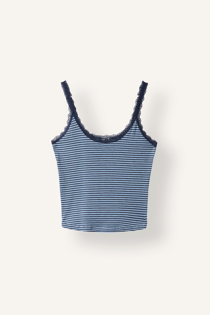 Woman Blue توب مخطط مضلع مفصل بالدانتيل