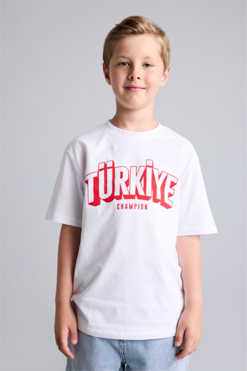 Erkek Çocuk - Genç Erkek Beyaz Bisiklet Yaka Türkiye Baskılı Tişört Erkek Çocuk