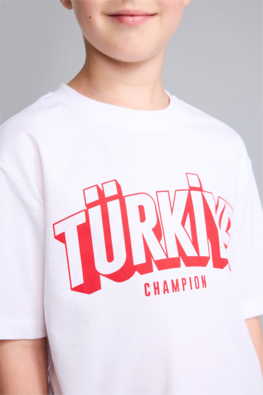 Erkek Çocuk - Genç Erkek Beyaz Bisiklet Yaka Türkiye Baskılı Tişört Erkek Çocuk